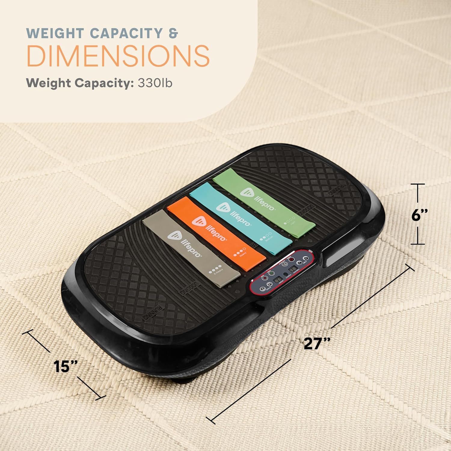 Communicates the exact physical size of the vibration plate (15" x 27" x 6") and its 330lb weight capacity to help shoppers assess whether it fits their space and needs. Highlights the 330lb weight…