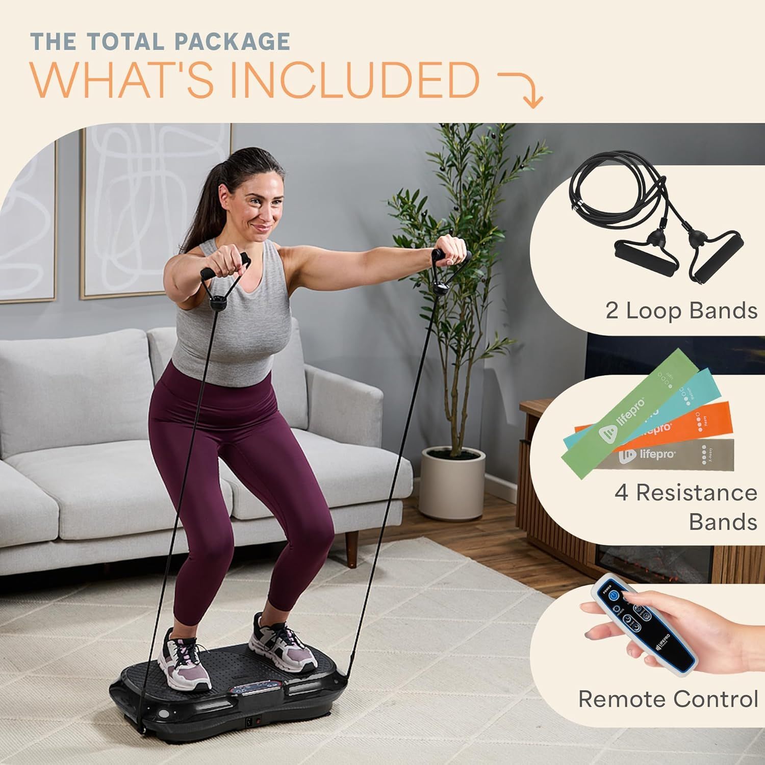 Shows shoppers everything included in the package to communicate the complete value of the bundle and reassure them they'll receive all necessary accessories to start using the vibration plate…