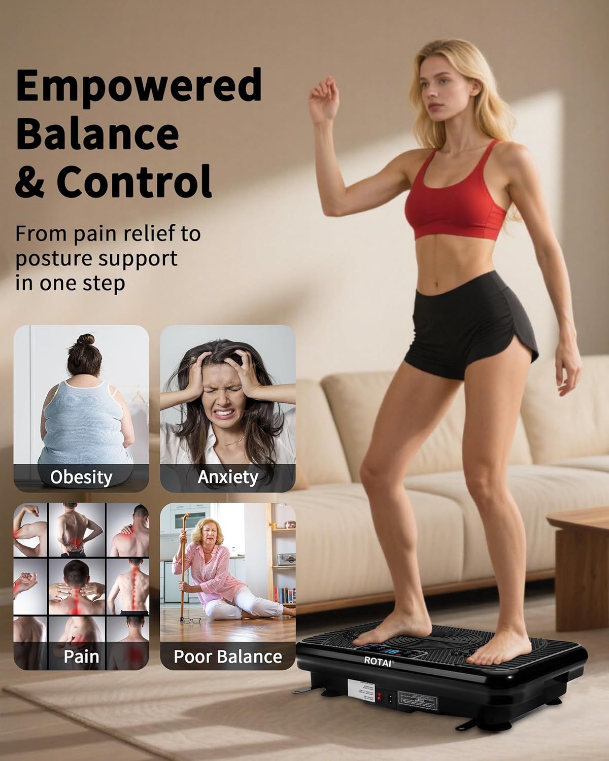 Communicates multiple health and wellness benefits of the vibration platform, showing how it addresses obesity, anxiety, pain, and poor balance to reassure shoppers of its comprehensive therapeutic…