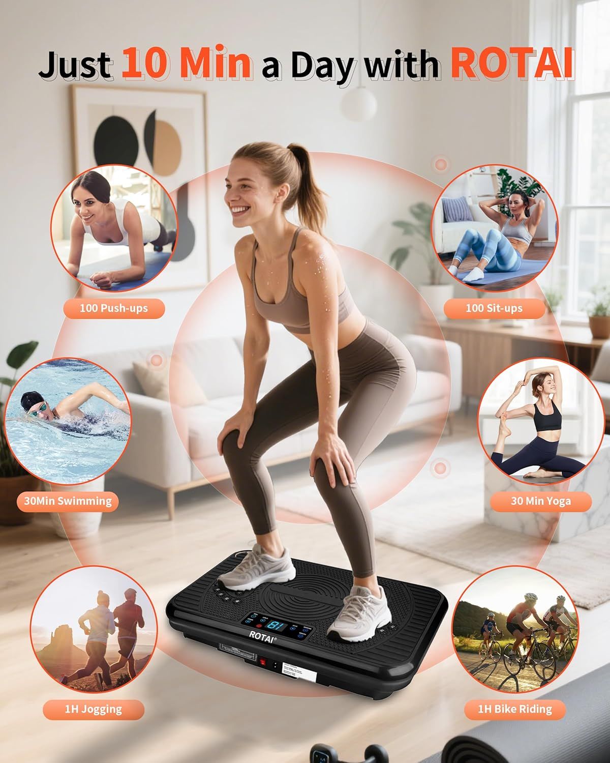 Demonstrates the versatility of the vibration platform by showing six different exercise and fitness activities that can be done in just 10 minutes a day, reassuring shoppers that one product…