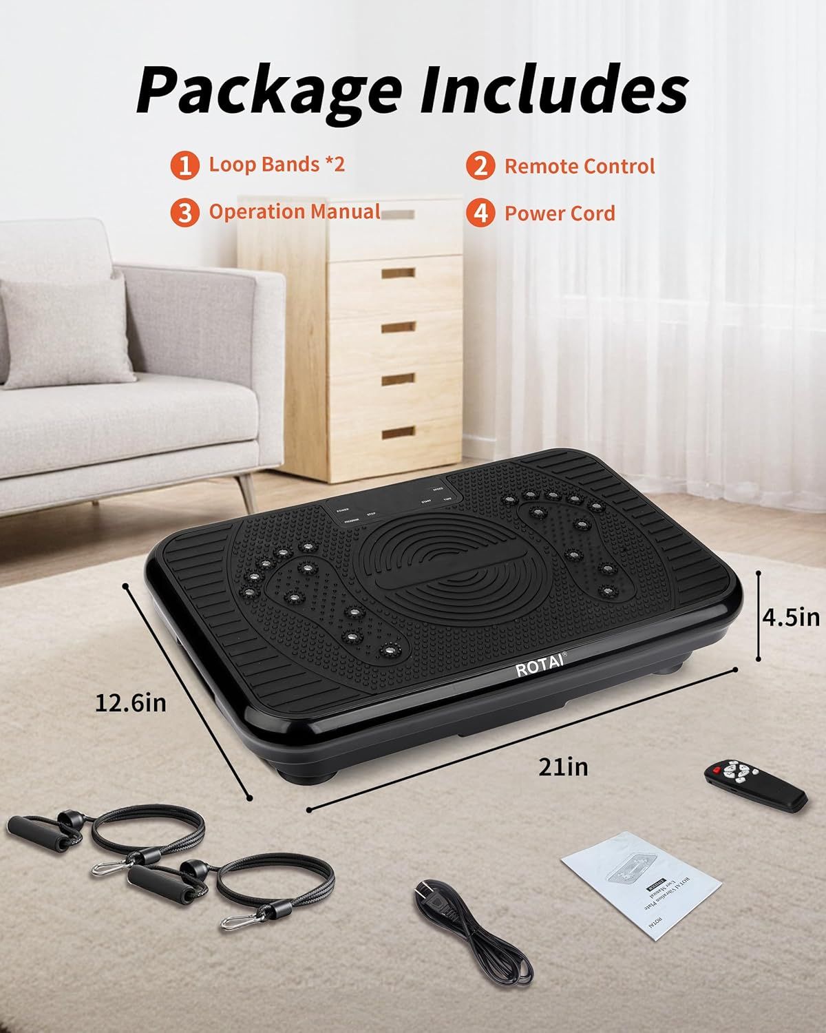 Shows the customer everything included in the purchase: the vibration plate, remote control, loop bands, operation manual, and power cord to set clear expectations and demonstrate value.…