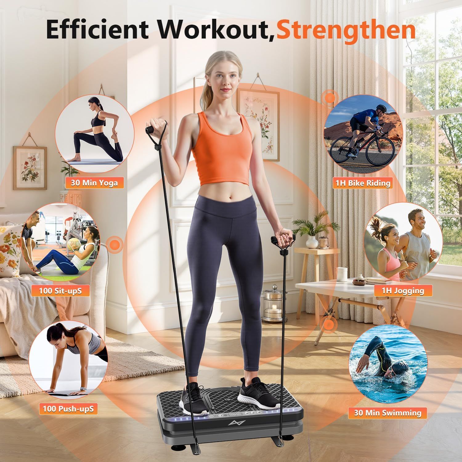 Demonstrates the product's versatility by showing six different workout applications (yoga, sit-ups, push-ups, bike riding, jogging, swimming) that can be achieved or supported by using this…