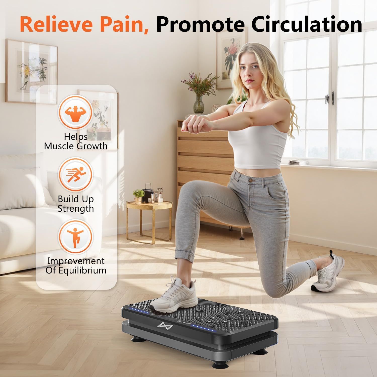 Communicates multiple health and fitness benefits of the vibration platform, including pain relief, circulation promotion, muscle growth, strength building, and balance improvement to appeal to…