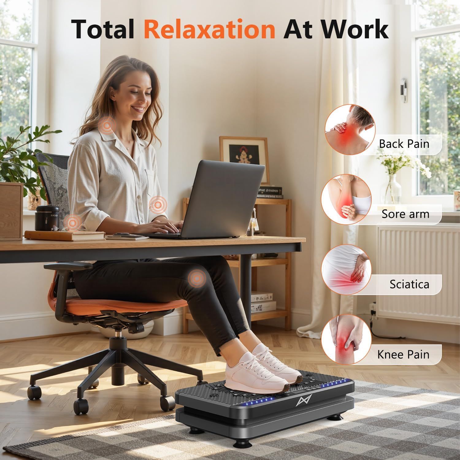 Demonstrates multiple pain relief benefits of the product (likely a vibration platform or foot massager) by showing how it addresses back pain, sore arm, sciatica, and knee pain while working at a…