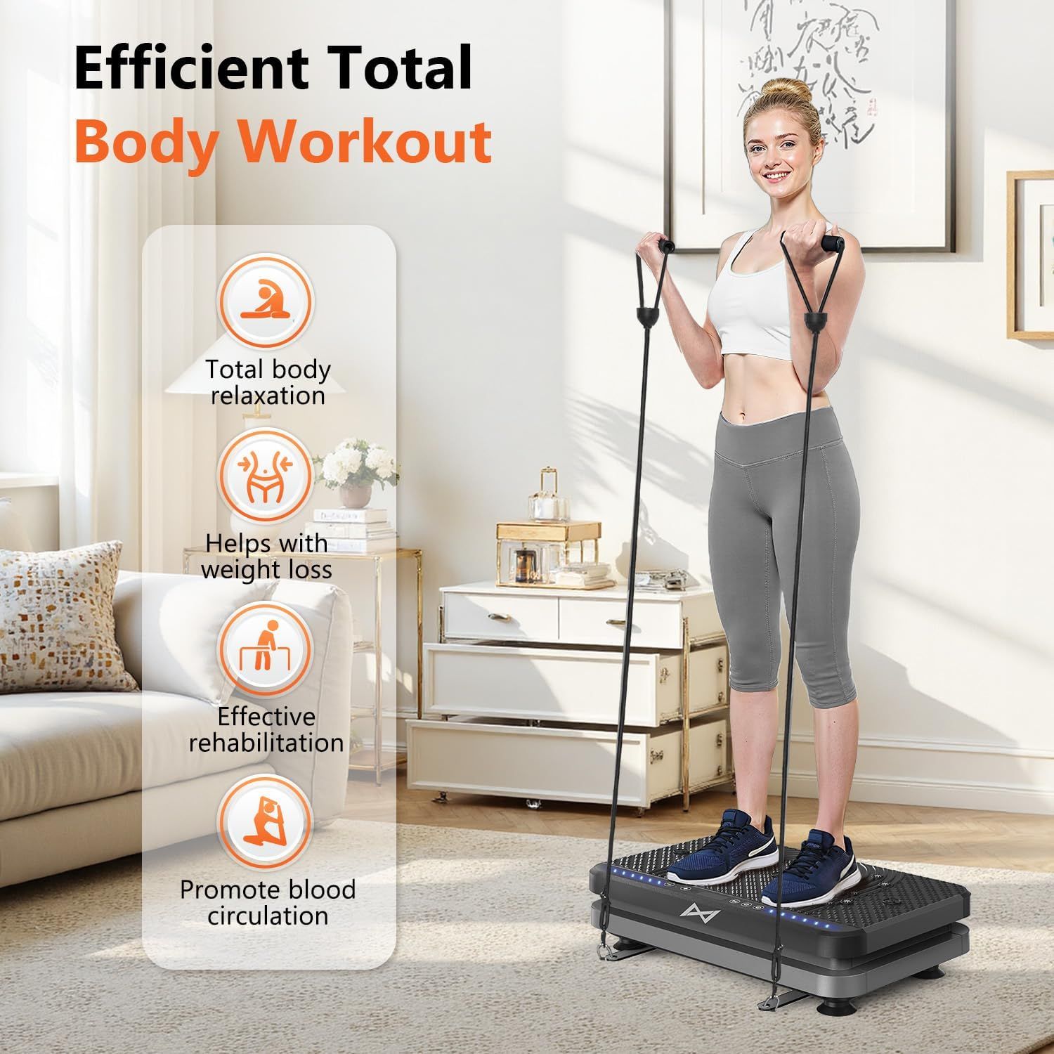 Communicates multiple distinct health and fitness benefits of the vibration platform workout equipment through a segmented vertical layout with icons and text.