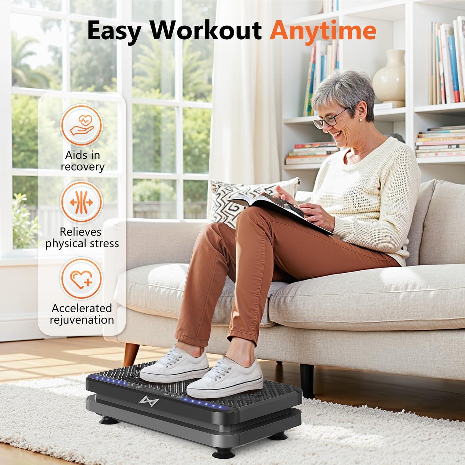 Communicates multiple health and wellness benefits of using the vibration plate, emphasizing recovery, stress relief, and rejuvenation to appeal to shoppers seeking convenient at-home fitness…