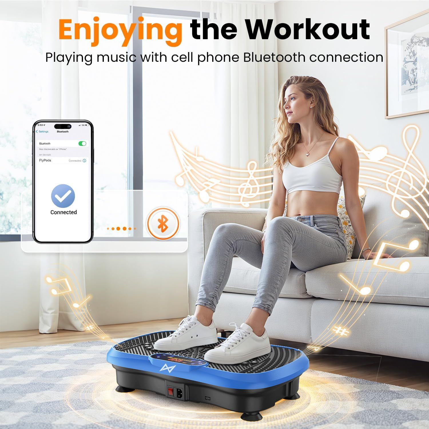 Demonstrates the product's use in a workout/fitness environment with Bluetooth music connectivity, showing shoppers how the vibration plate integrates into their exercise routine. Highlights the…