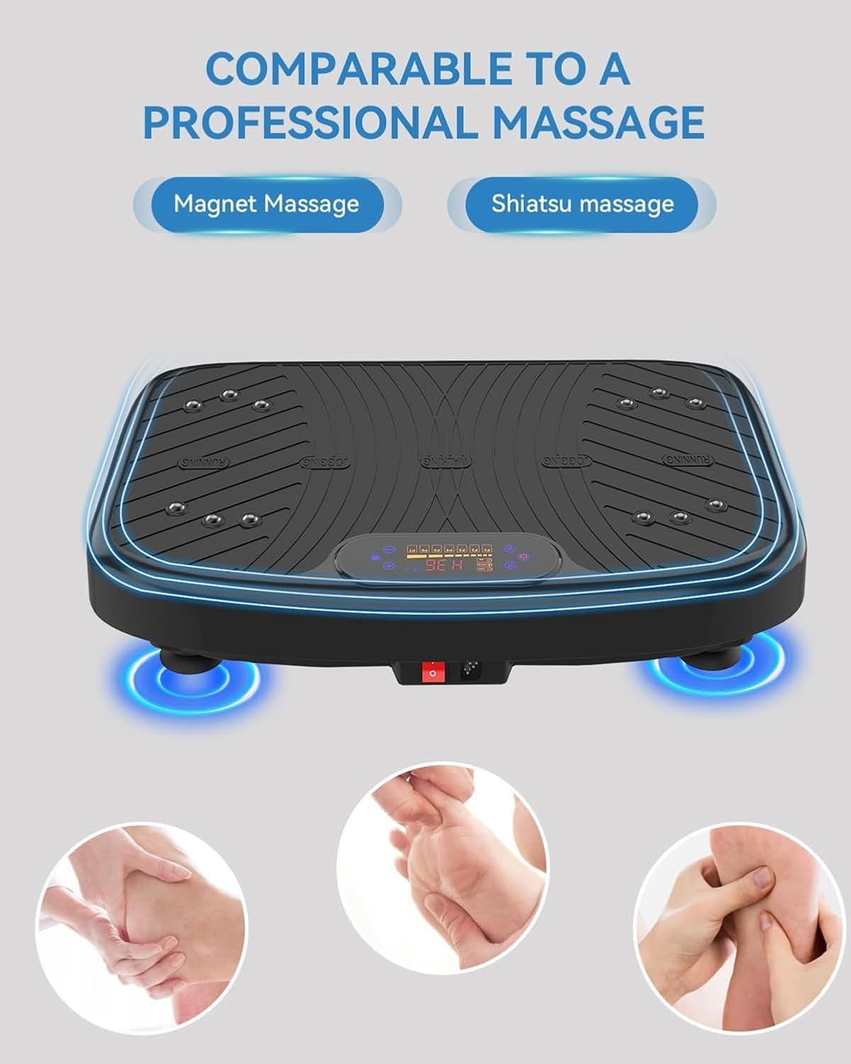 Communicates that the vibration platform offers multiple professional-grade massage modes (magnet and shiatsu) to reassure shoppers of its therapeutic quality and versatility.