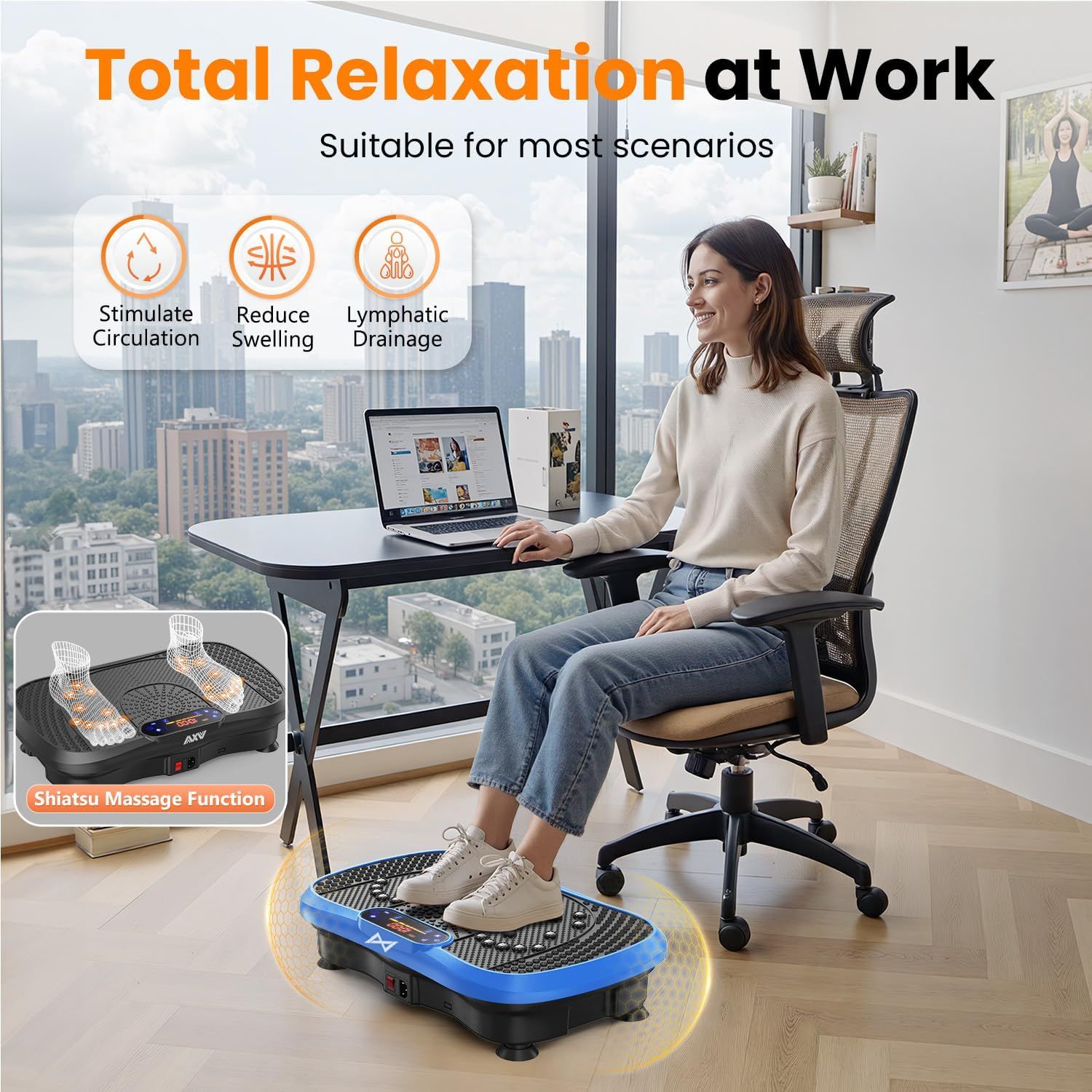Communicates multiple health benefits of the foot massager (circulation, swelling reduction, lymphatic drainage) while showing its use in a work-from-home office environment. Demonstrates the…