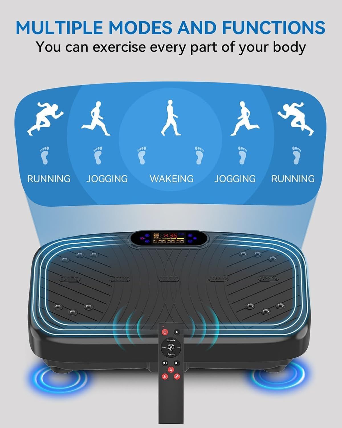 Demonstrates the product's versatility by showing multiple exercise modes and functions, reassuring shoppers that this vibration plate can accommodate different workout intensities and styles.