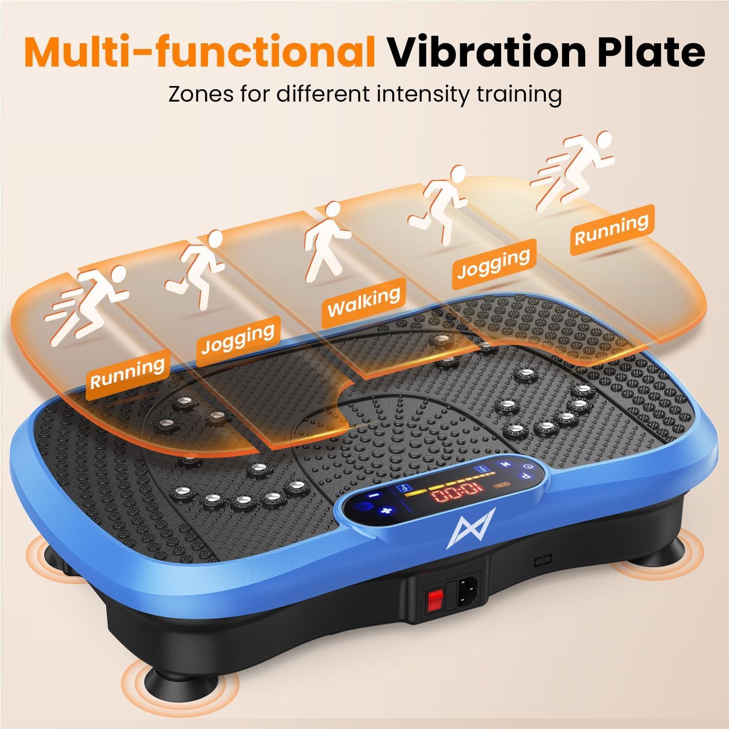 Explains the different zones on the vibration plate designed for varying workout intensities (running, jogging, walking), helping shoppers understand how to use different areas of the product for…