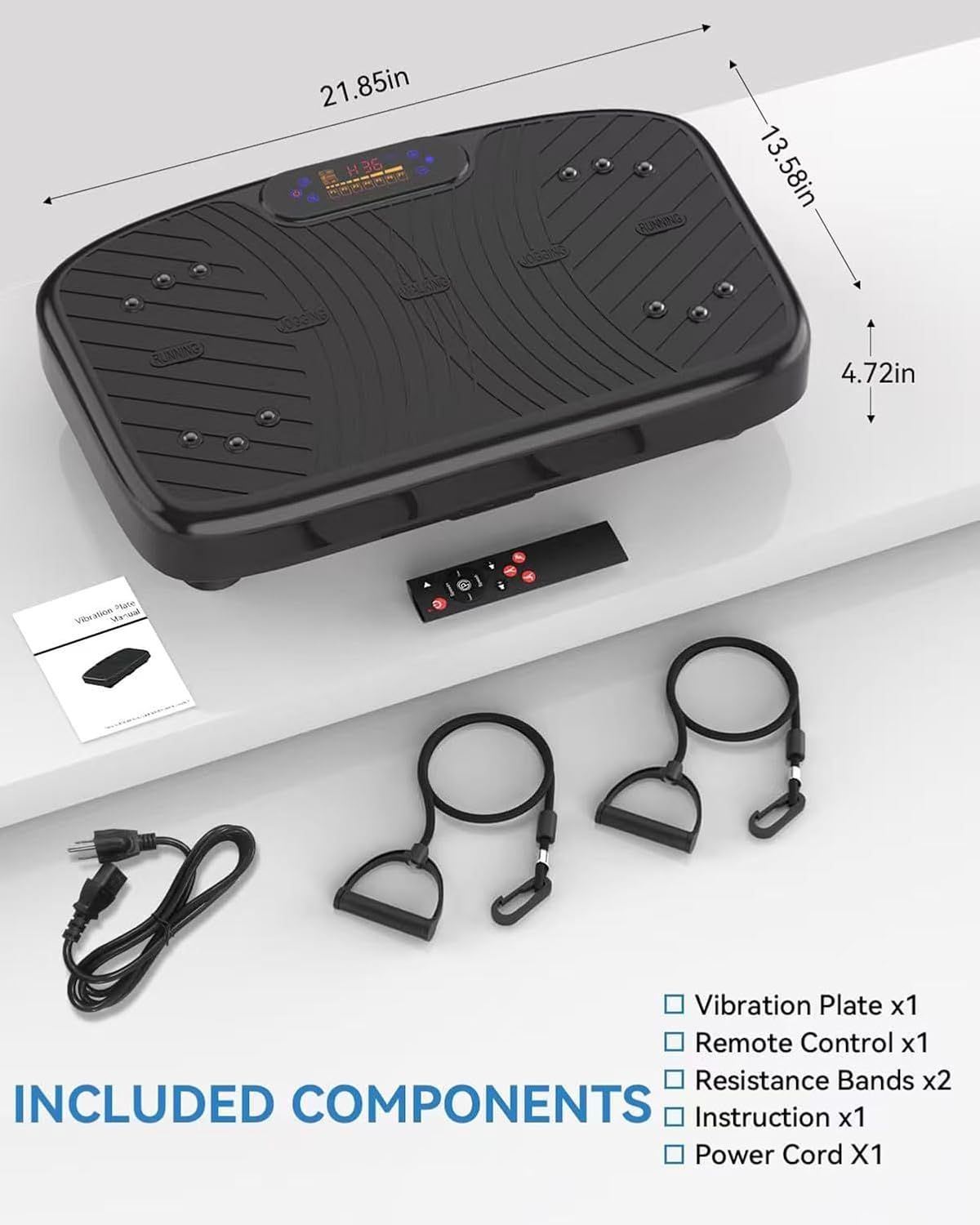 Shows the customer everything included in the package: the vibration plate, remote control, resistance bands, instruction manual, and power cord to set clear expectations about what they will…