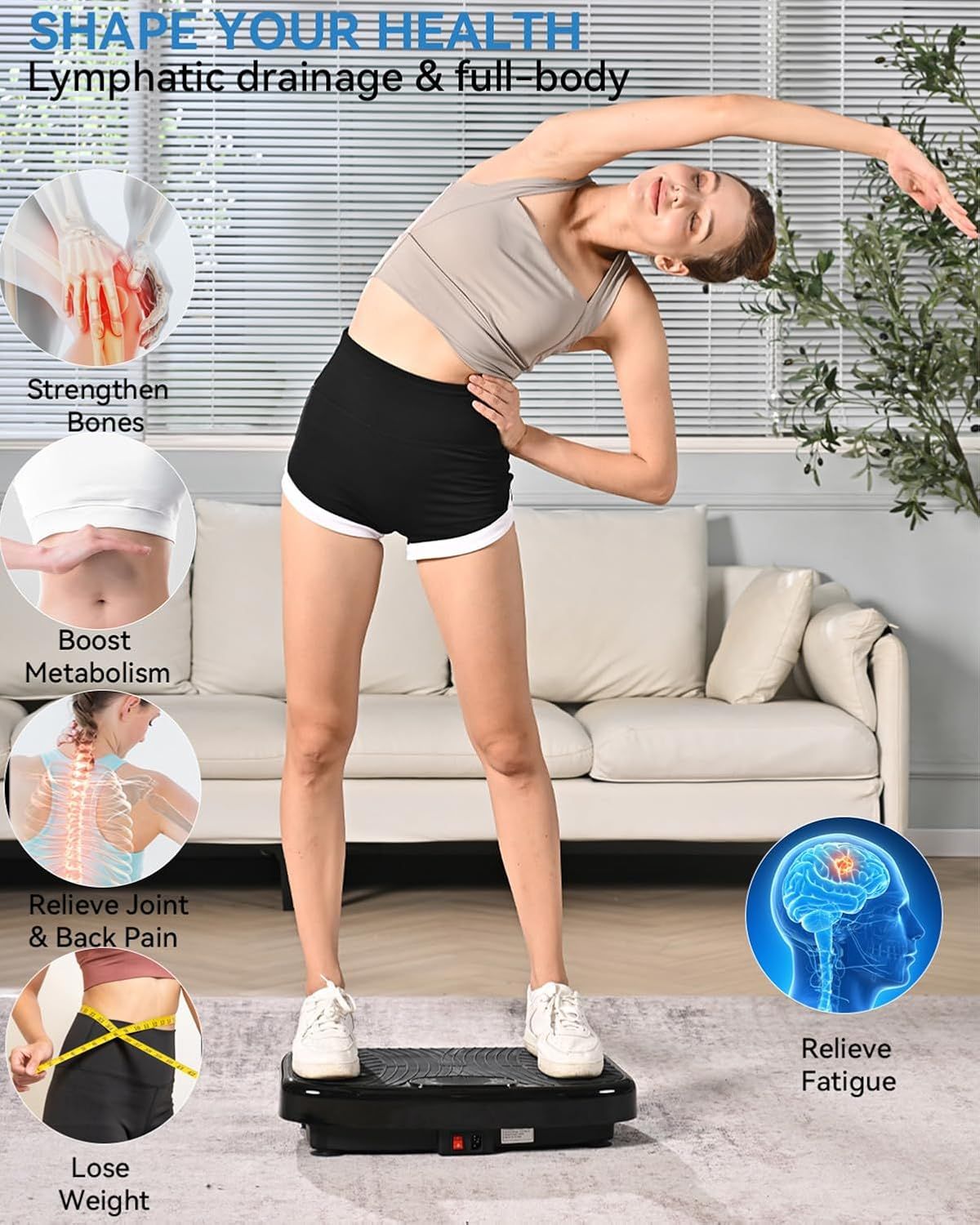 Communicates multiple health and fitness benefits of using the vibration platform, including weight loss, pain relief, bone strengthening, and metabolic boost to persuade shoppers of the product's…