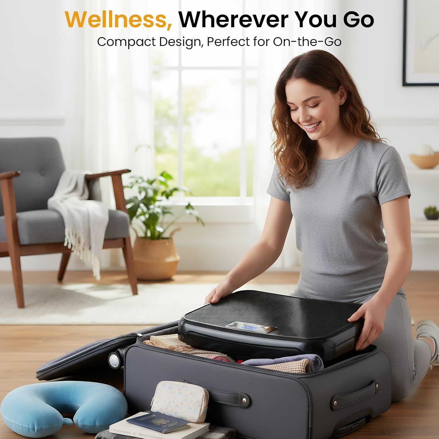 Communicates that the product is compact and travel-friendly, perfect for maintaining wellness routines while on the go.