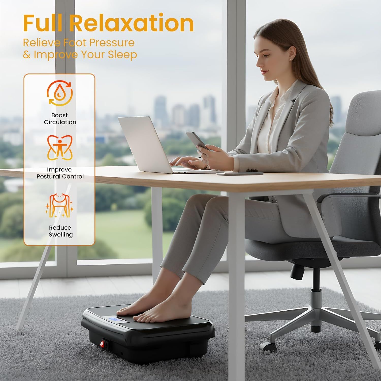 Communicates multiple health and wellness benefits of the foot massager product in a segmented layout, showing how it addresses circulation, posture, swelling, and relaxation to reassure shoppers of…