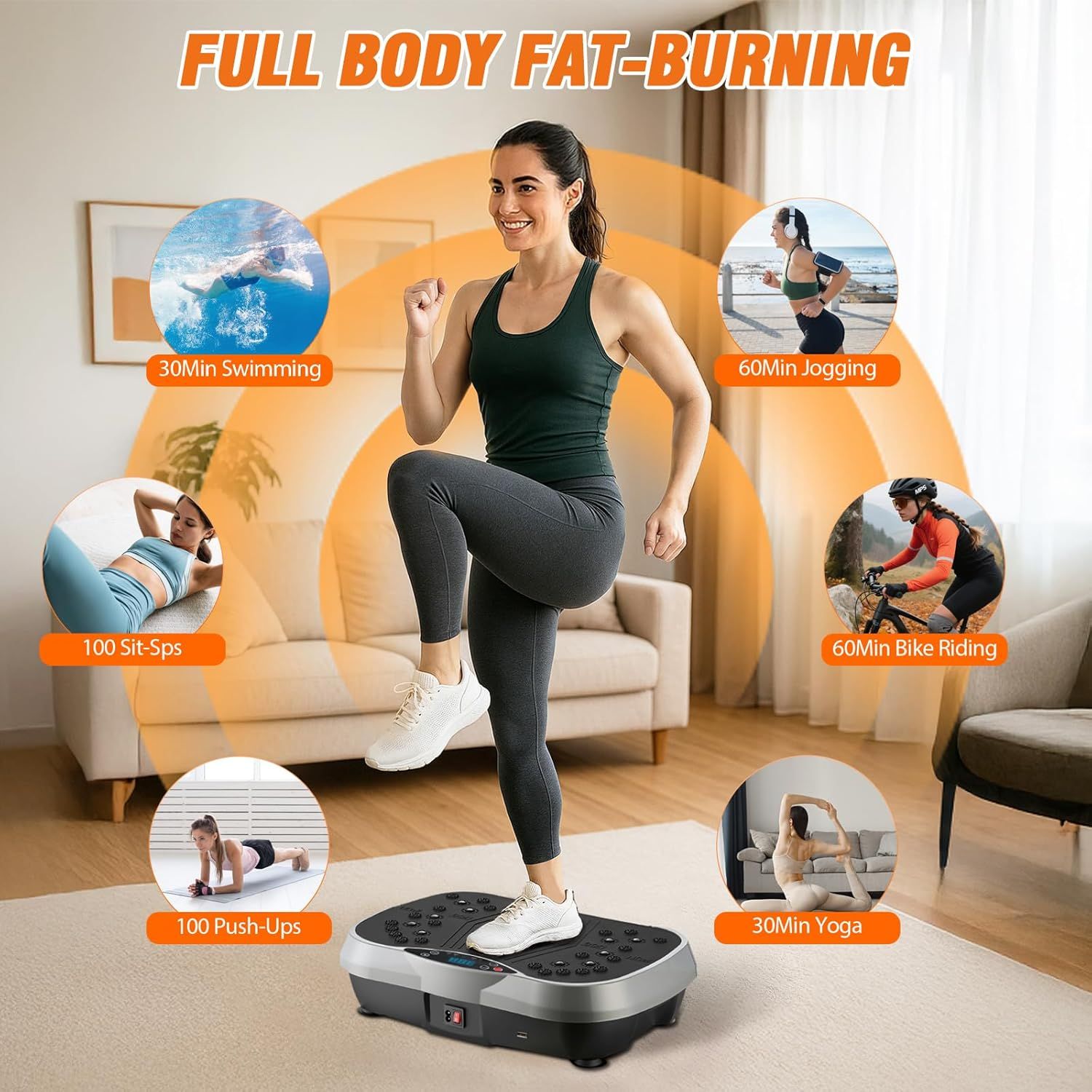 Demonstrates the versatility of the vibration platform by showing it can replace or match multiple different workout activities (swimming, jogging, sit-ups, push-ups, bike riding, yoga), reassuring…