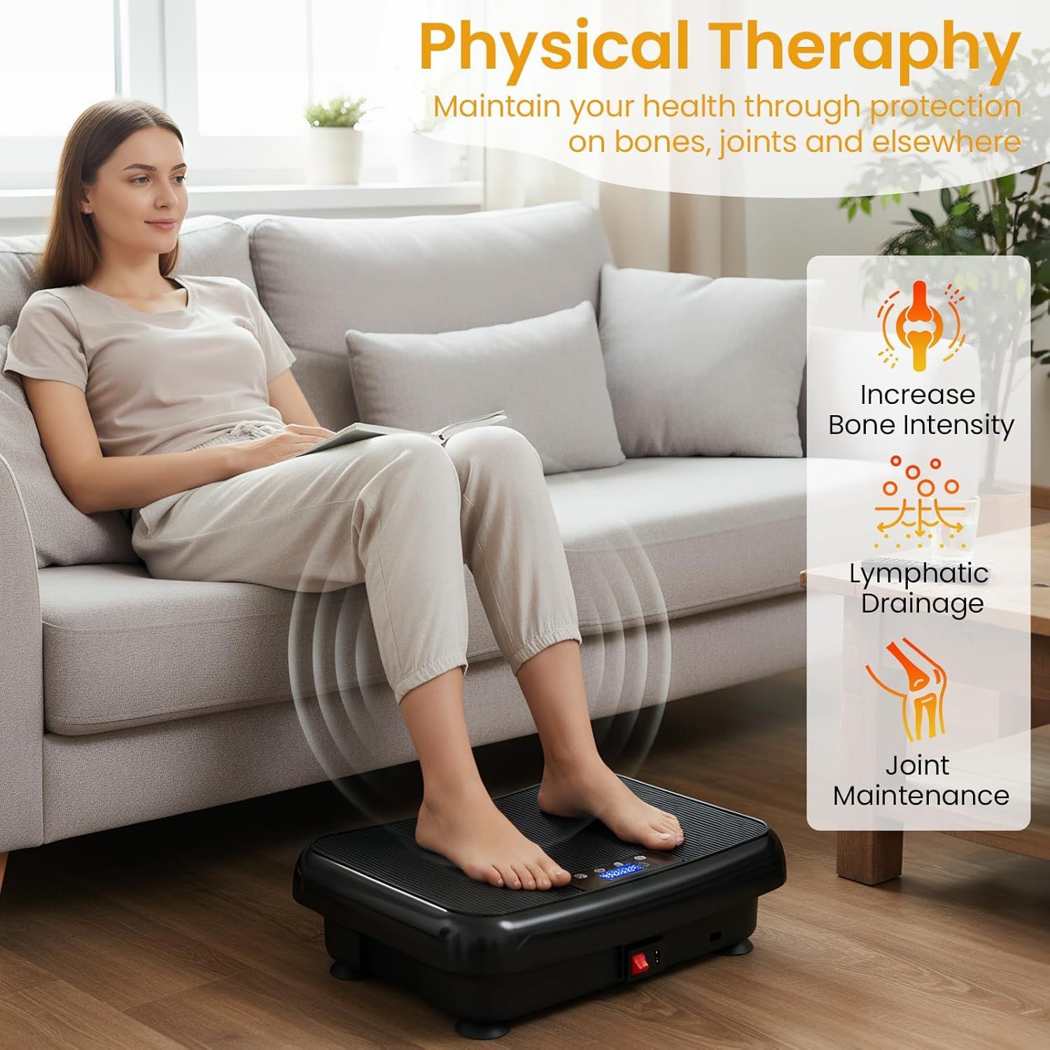 Communicates three distinct health benefits of the physical therapy device to reassure shoppers of its comprehensive therapeutic value for bones, joints, and circulation.
