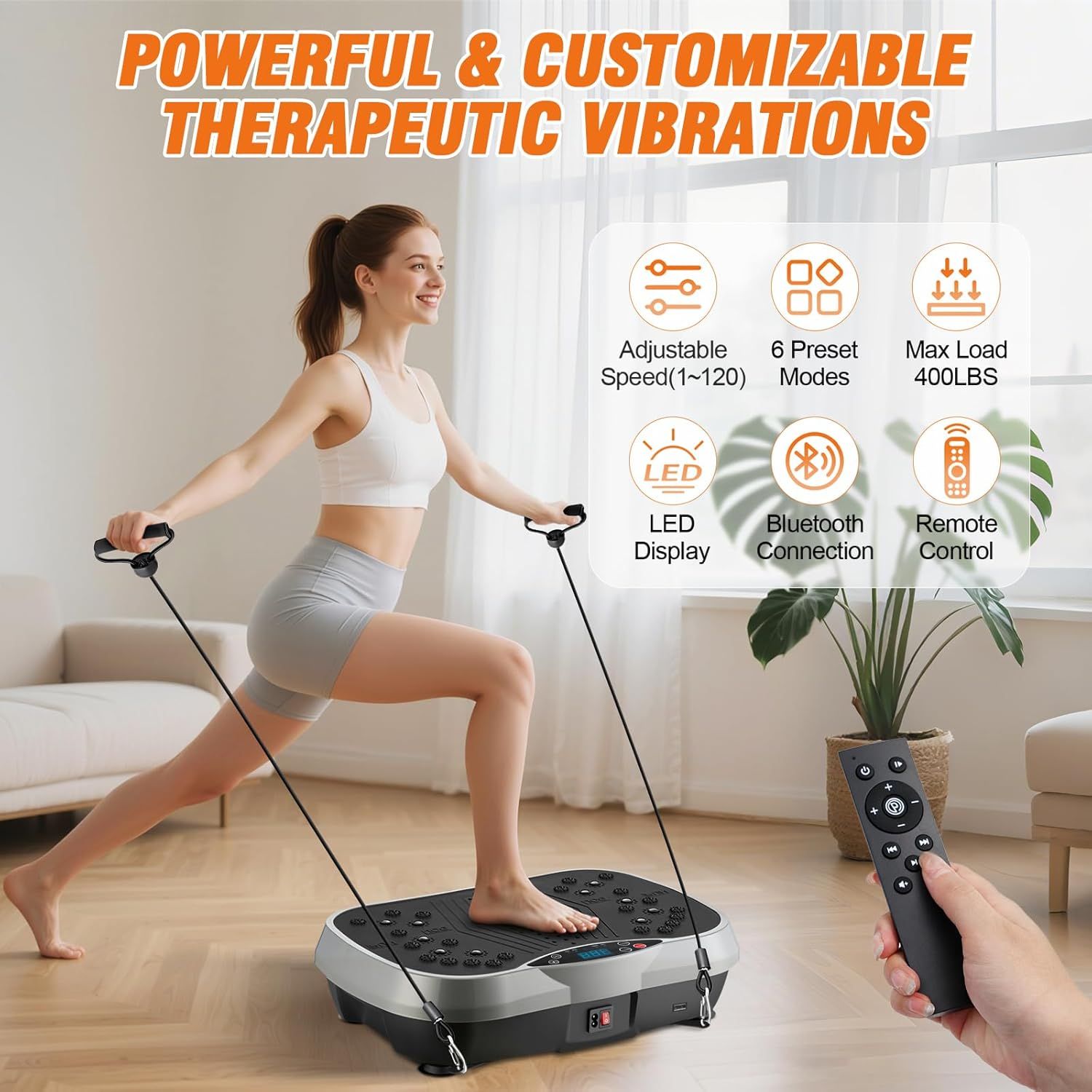 Communicates the comprehensive feature set of the vibration plate, highlighting its customizability, capacity, and smart connectivity to reassure shoppers of its versatility and advanced…