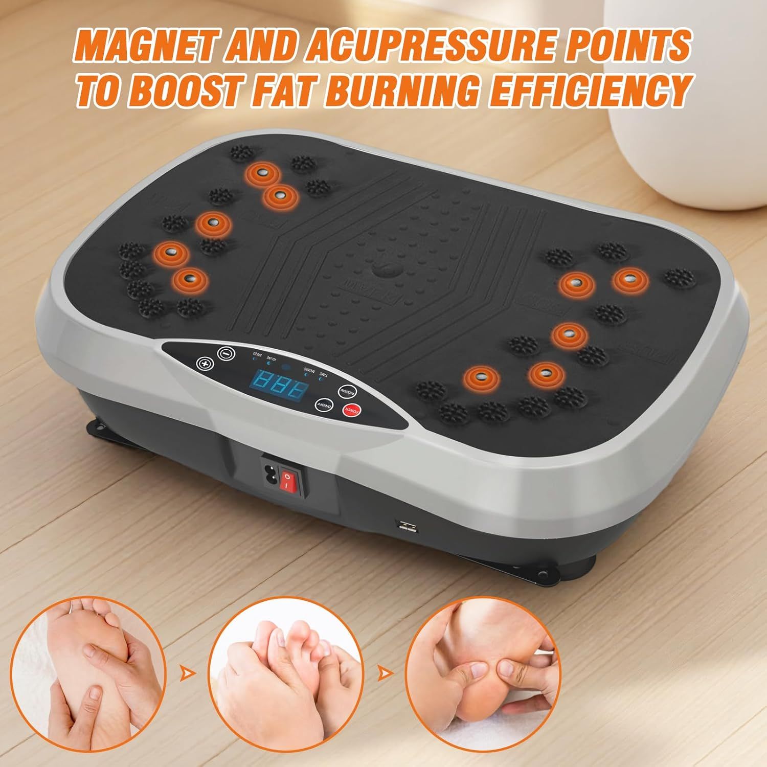 Highlights the specific physical features of the vibration plate—the magnet and acupressure points embedded in the surface—to communicate how the product is designed to boost fat burning efficiency.…