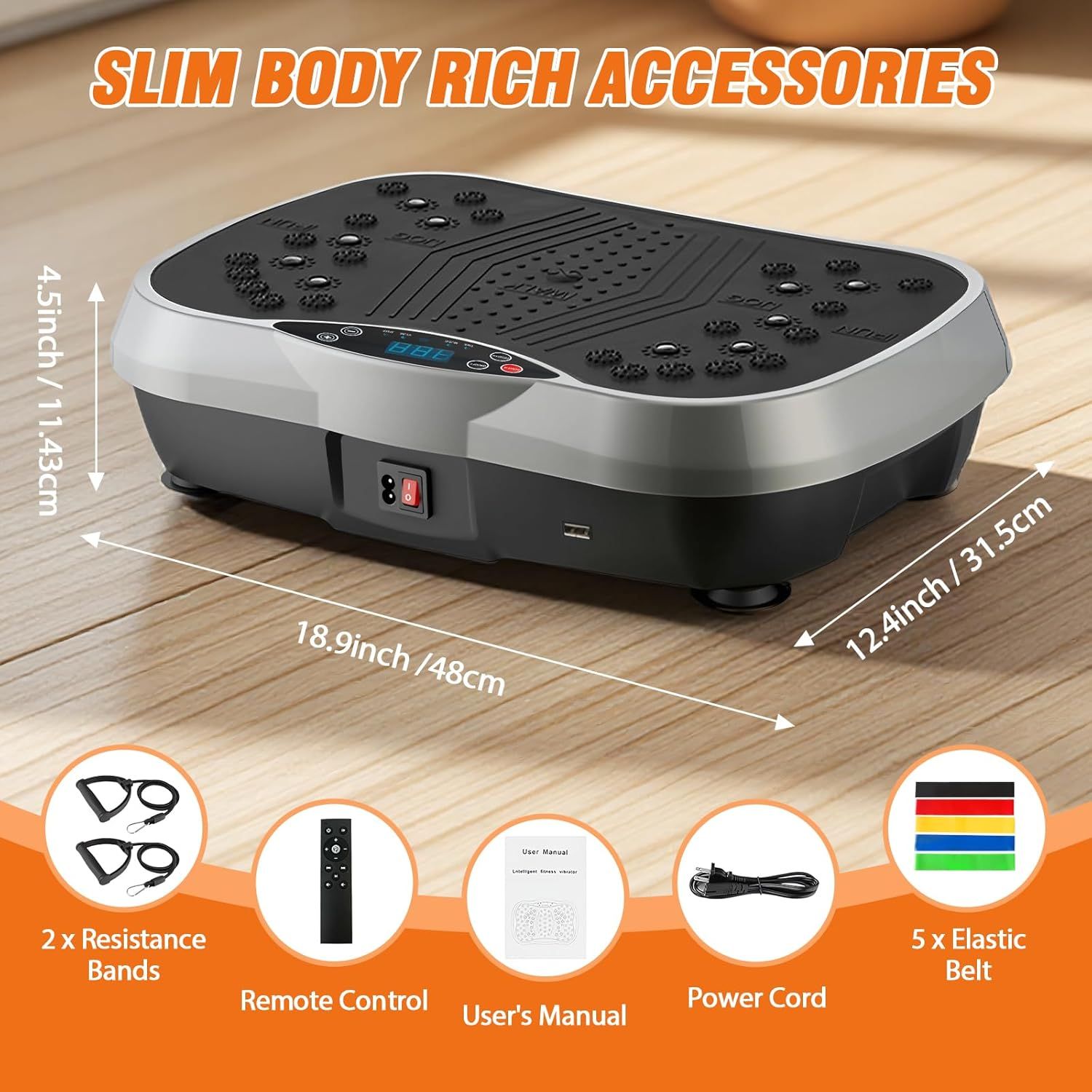 Communicates the exact physical dimensions of the vibration plate to help shoppers understand its size and footprint before purchase. Shows all accessories and items included with the purchase…