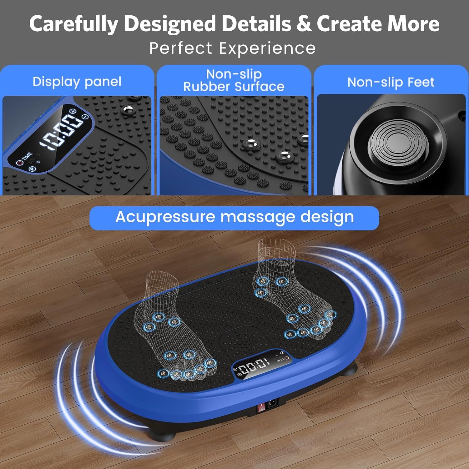 This image breaks down the key physical components and design features of the vibration plate to help shoppers understand the product's construction and thoughtful engineering details.