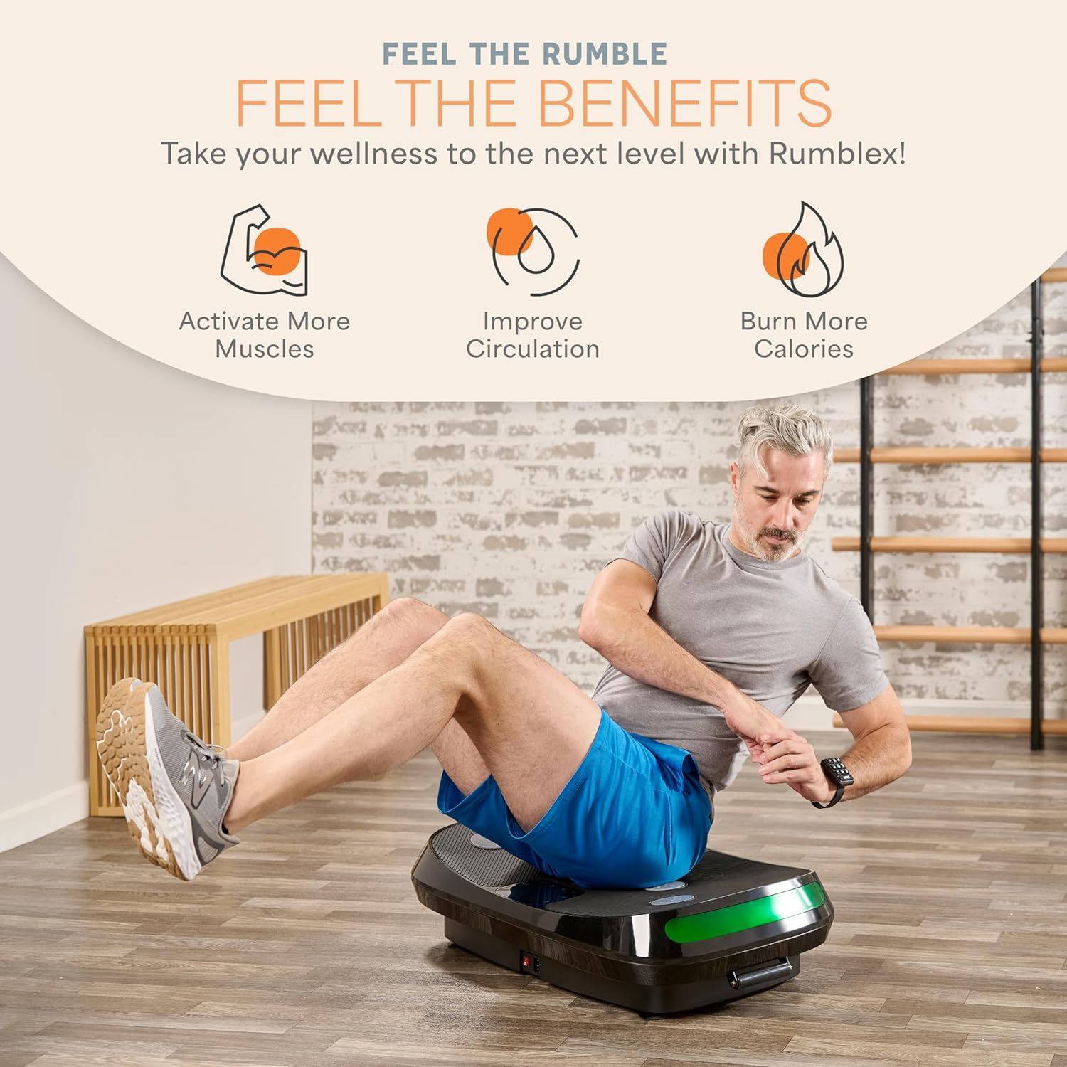 Communicates three distinct wellness benefits of using the Rumblex vibration platform to persuade shoppers of its comprehensive fitness value.