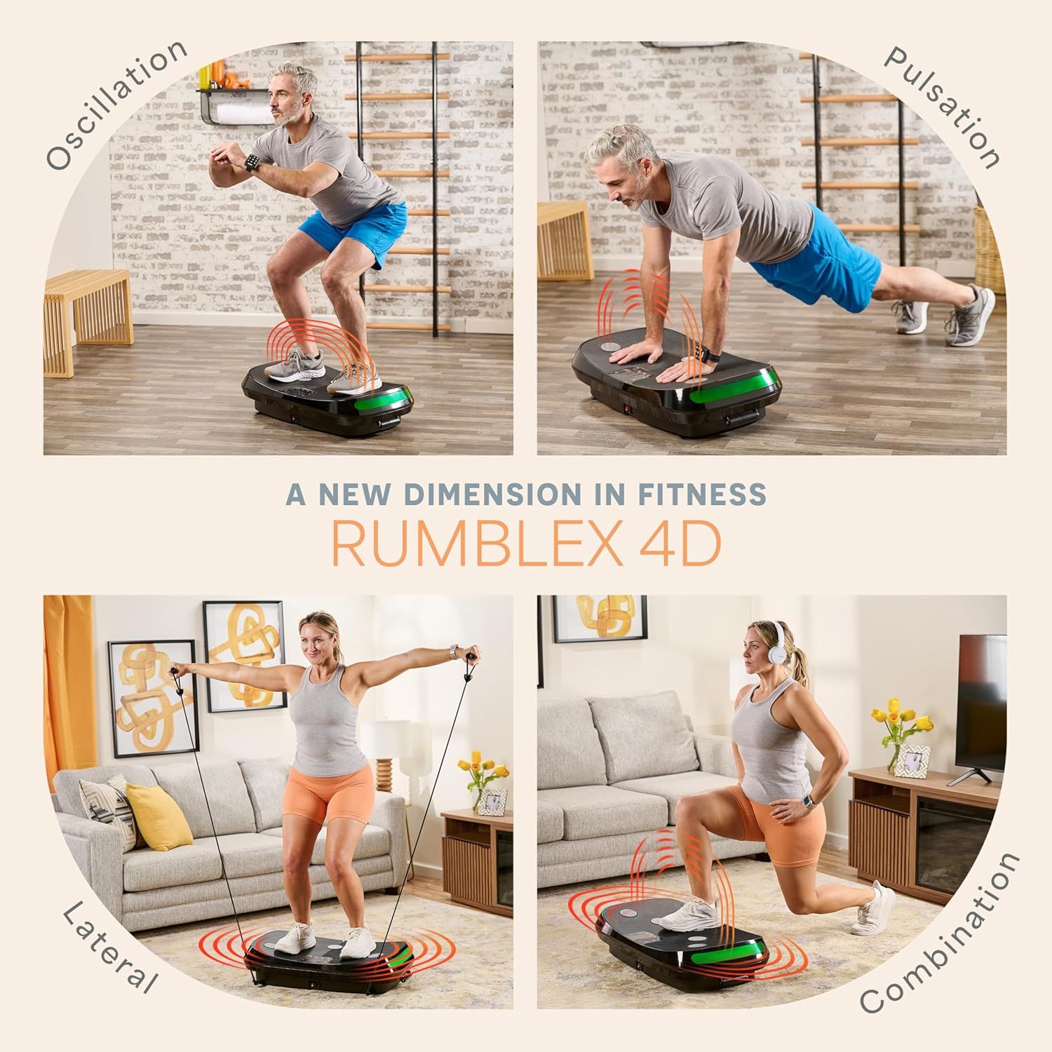 Demonstrates the versatility of the RUMBLEX 4D vibration platform by showing four distinct exercise applications (squats, planks, resistance training, lunges) across different workout modes to…