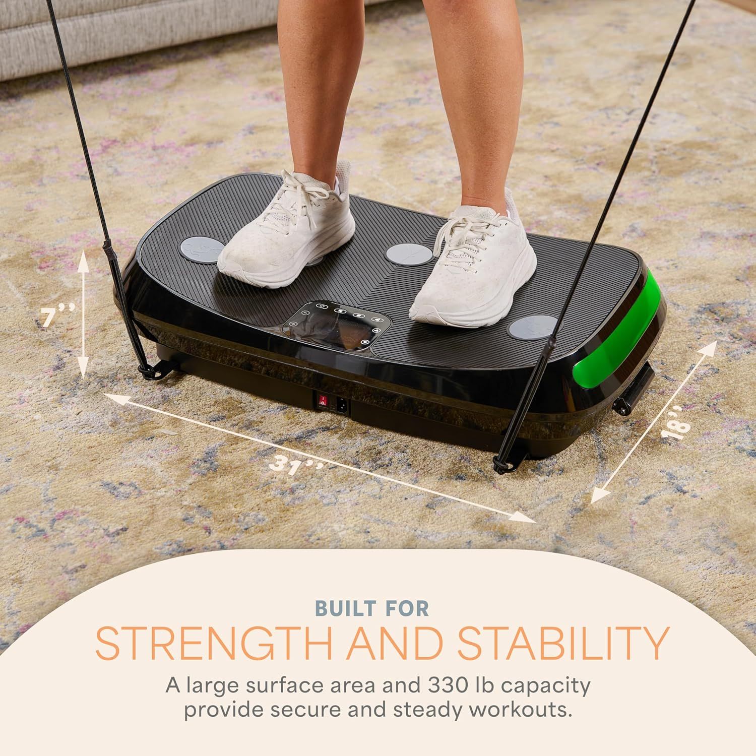 Communicates the physical dimensions and weight capacity of the vibration platform to reassure shoppers about its stability and suitability for secure workouts. Highlights the product's strength and…