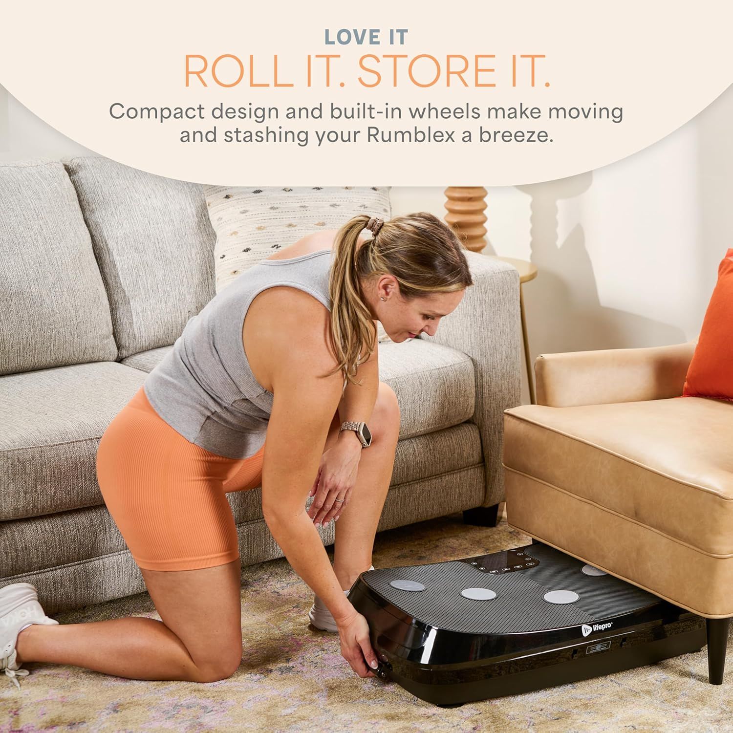 Highlights the product's portability and space-saving design, reassuring shoppers that the Rumblex is easy to move and store when not in use.
