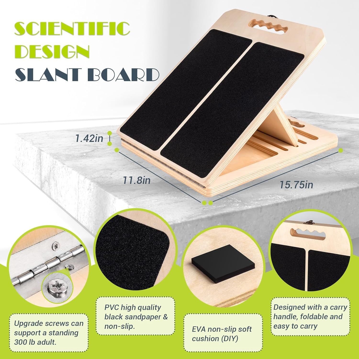 Communicates multiple distinct benefits of the slant board through a segmented layout with callout circles and text blocks, highlighting durability, materials, portability, and design features to…