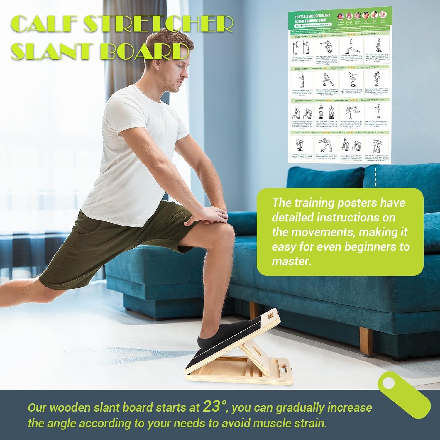 Communicates multiple benefits of the calf stretcher slant board: the included detailed training poster makes it beginner-friendly, and the adjustable angle feature allows customization to prevent…