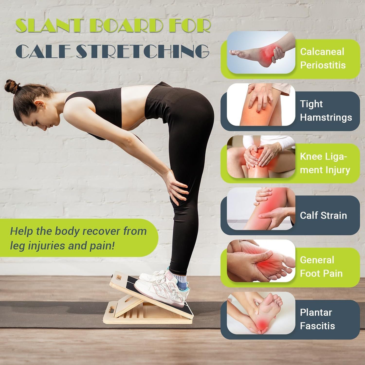 Demonstrates the multiple leg and foot conditions that the slant board can help address, showing shoppers the versatility and wide range of therapeutic applications for recovery and pain management.…