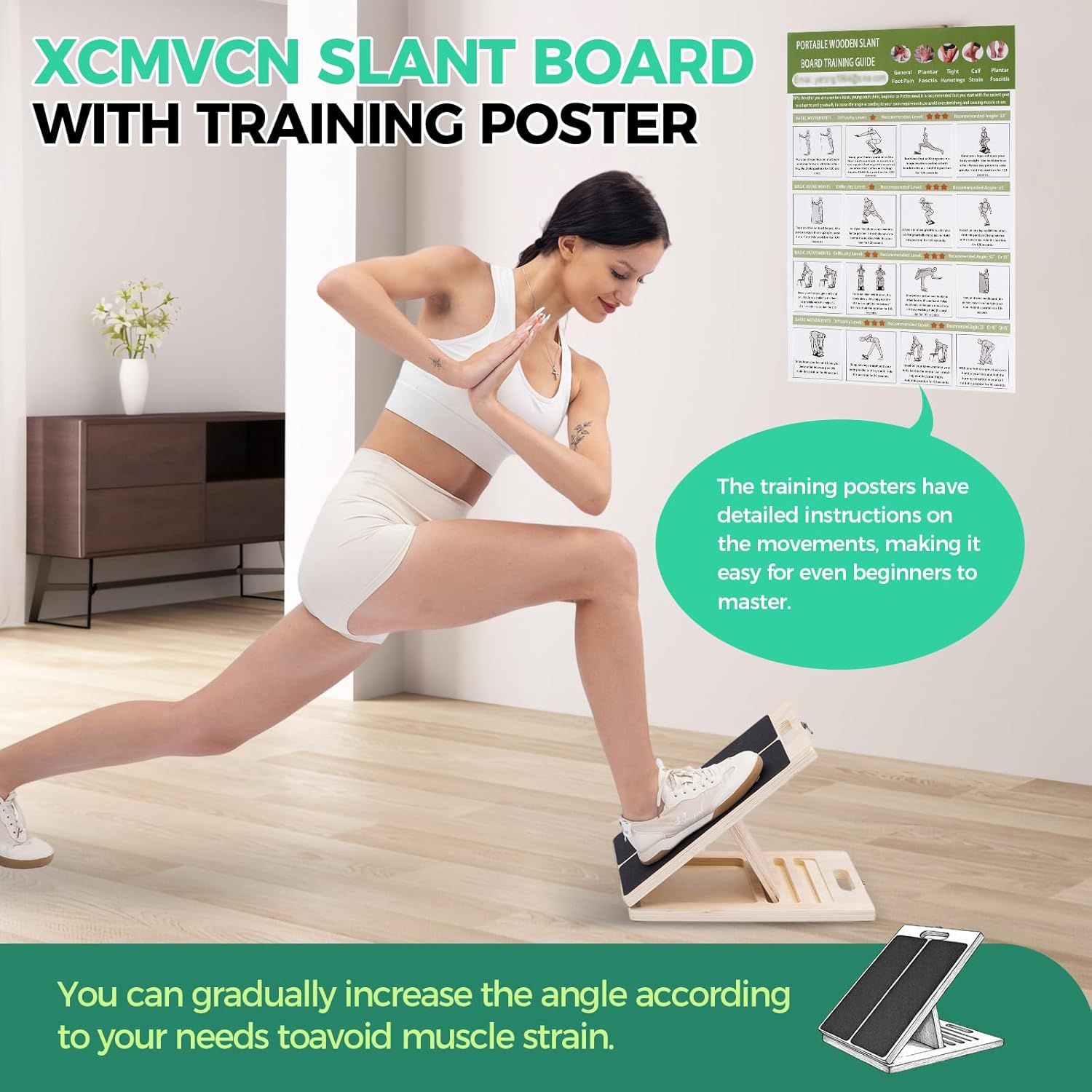 Communicates multiple benefits of the slant board: it comes with a detailed training poster for guidance, has adjustable angles to prevent muscle strain, and is designed to be easy for beginners to…