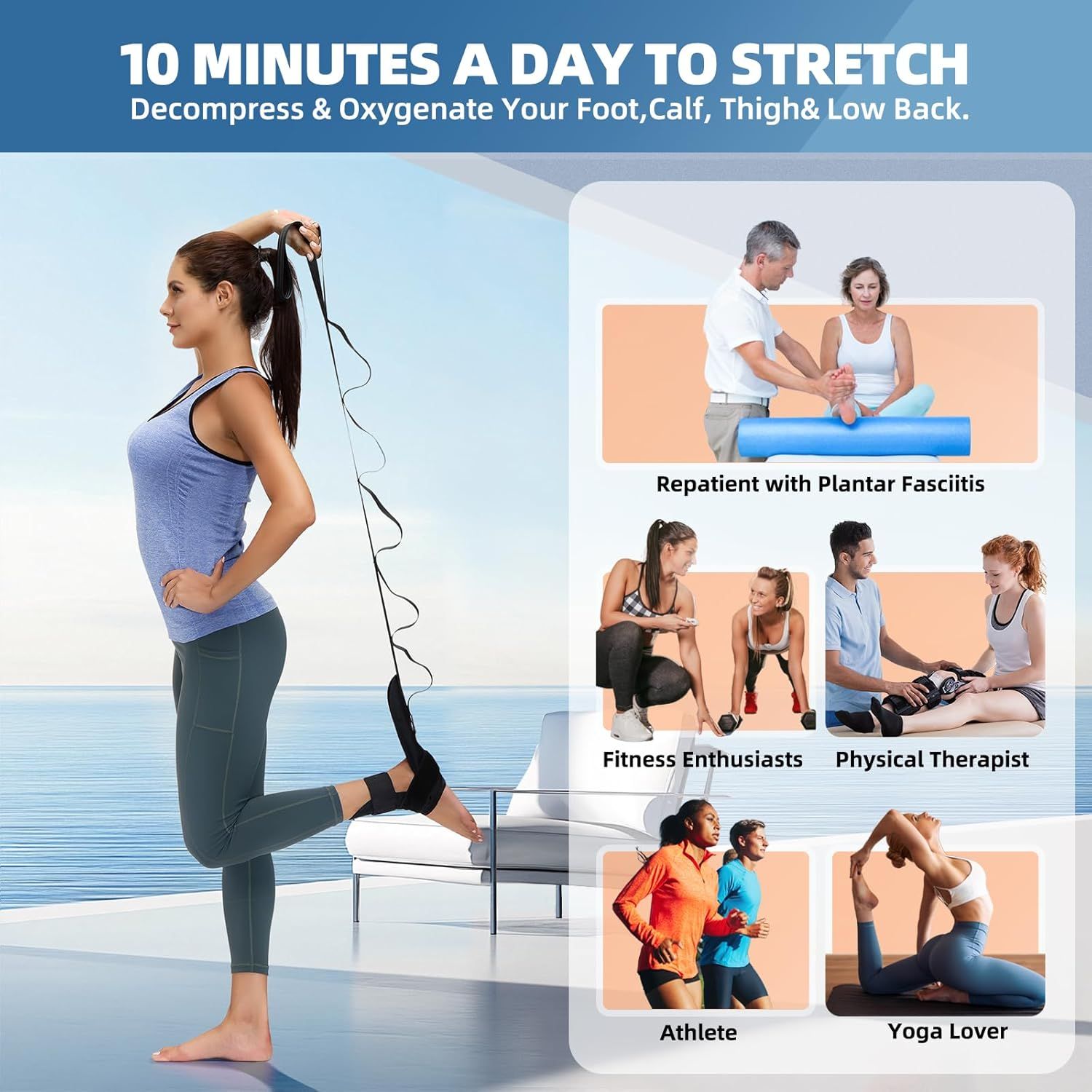 Demonstrates the versatility of the stretching device by showing it is suitable for multiple user types and scenarios, including medical recovery, fitness, therapy, athletics, and yoga, reassuring…