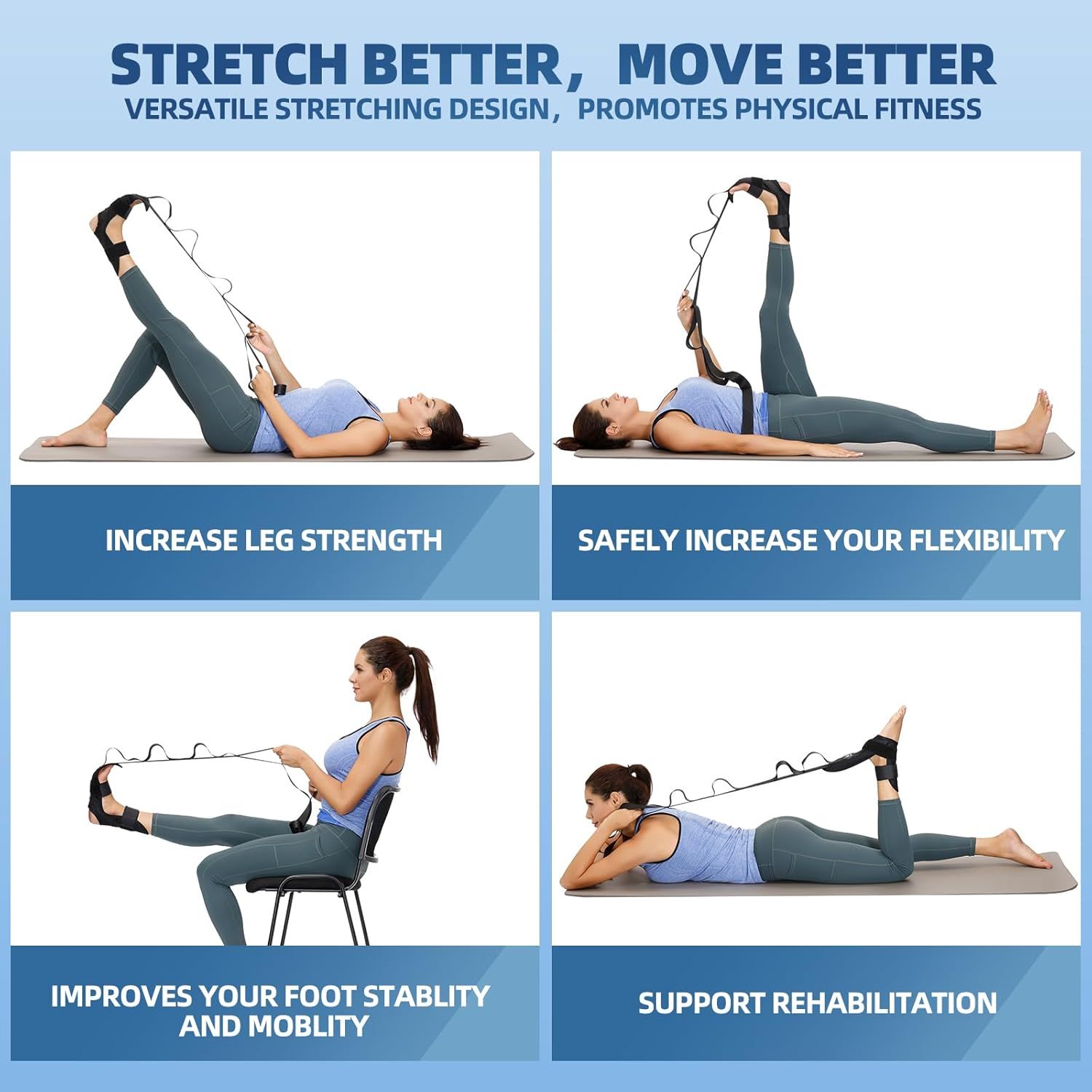 Demonstrates multiple use cases and applications of the stretching strap, showing how it can be used for different fitness goals including strength training, flexibility improvement, mobility work,…