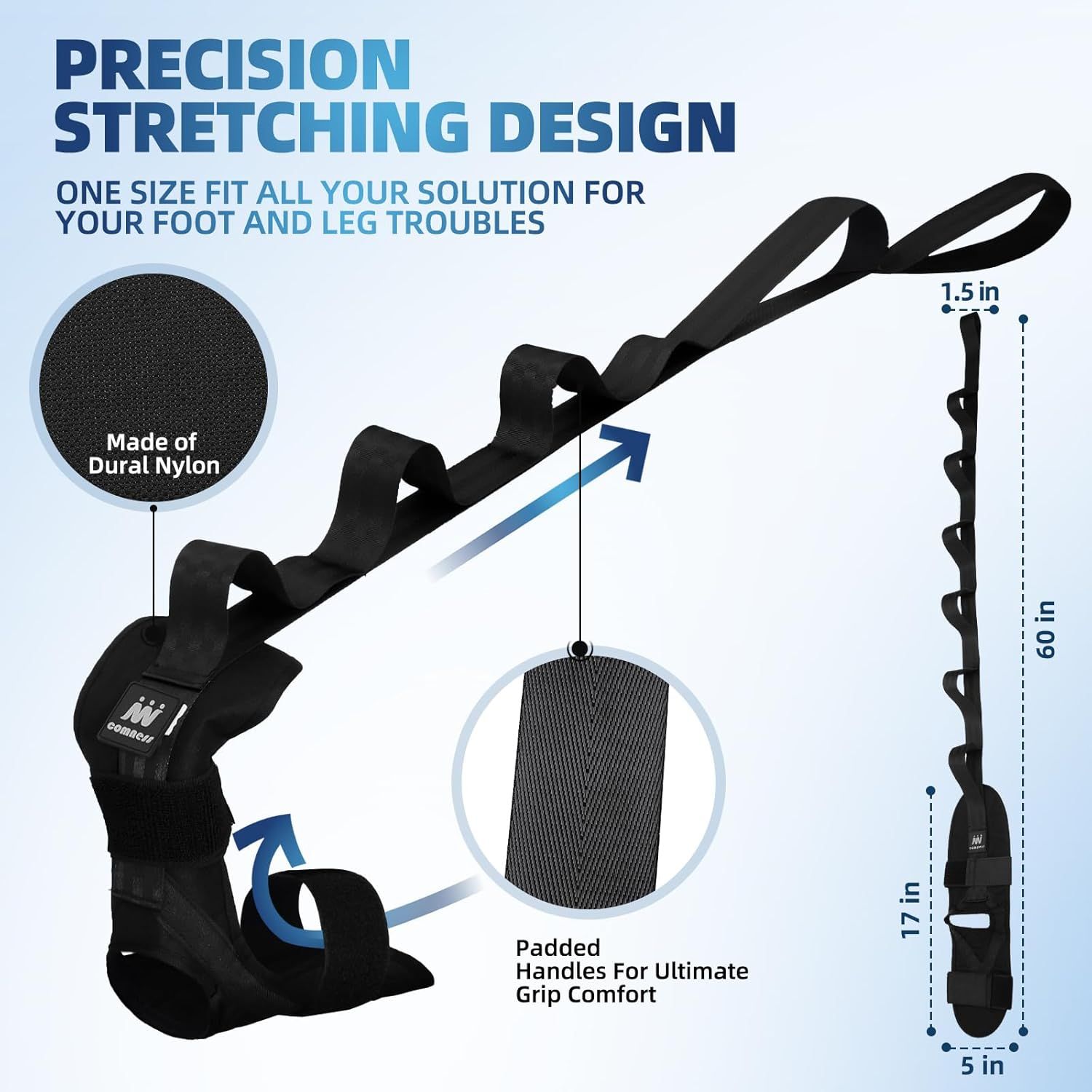 This image breaks down the physical components and construction of the stretching strap, highlighting the durable nylon material, padded handles for comfort, and dimensional specifications to help…