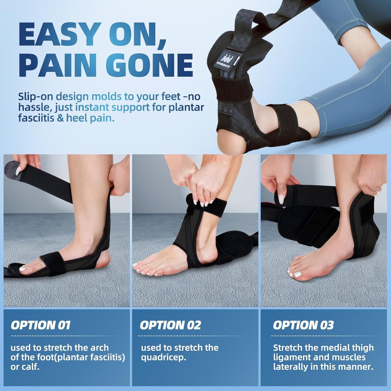 Demonstrates three different ways to wear and use the plantar fasciitis support brace, showing shoppers how to apply it for different stretching and pain relief purposes. Highlights the product's…