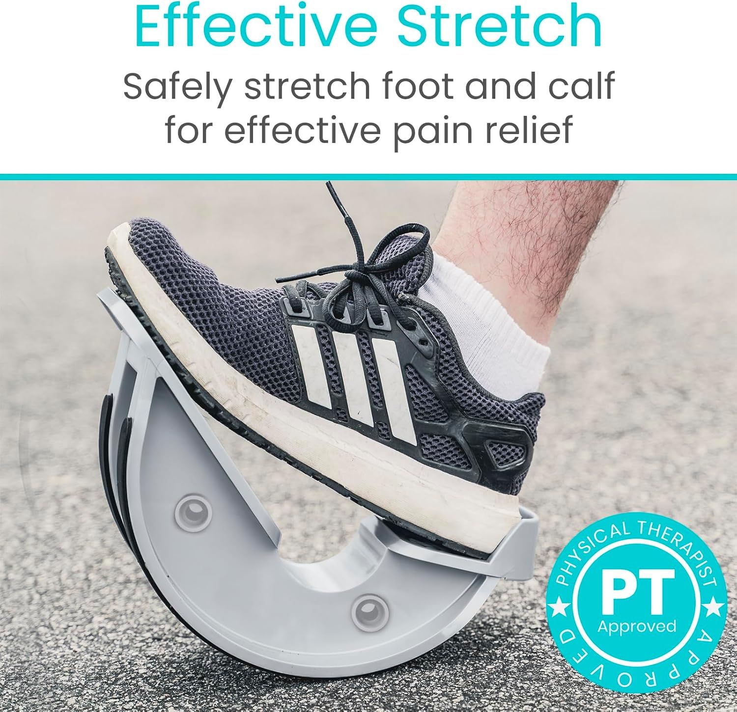 Communicates that the product safely stretches the foot and calf to provide effective pain relief, reassuring shoppers of its therapeutic benefit. Displays the PT Approved certification badge to…