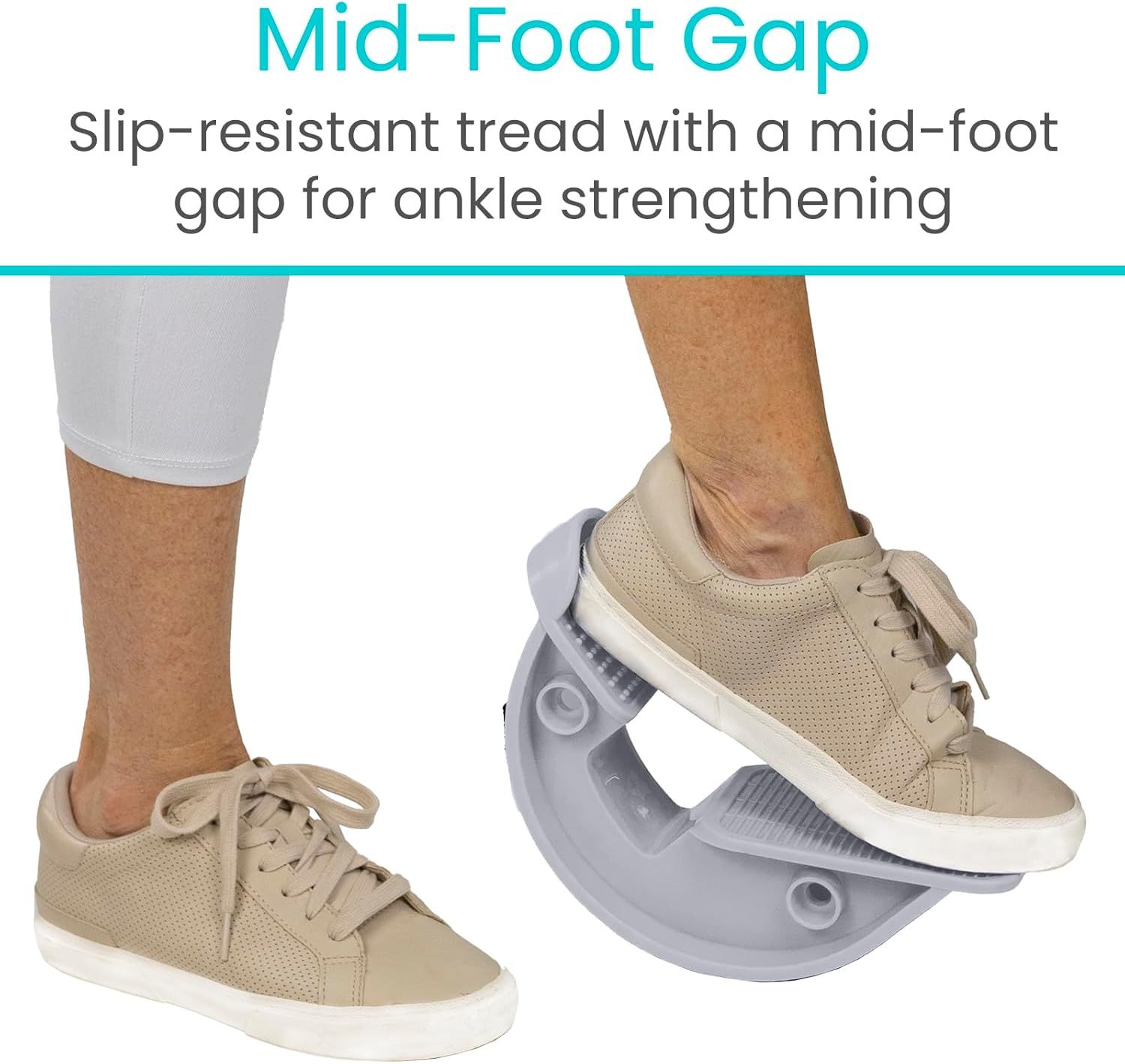 Highlights the product's unique mid-foot gap design feature that enables ankle strengthening exercises, showing how the physical structure of the product works. Communicates the primary benefit of…