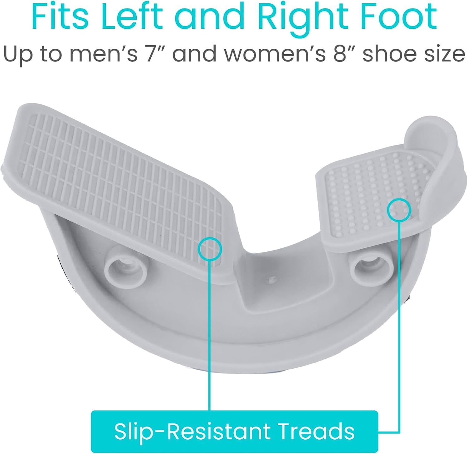 Highlights the product's slip-resistant tread feature and its compatibility with both left and right feet up to specific shoe sizes, reassuring shoppers of safety and versatility.