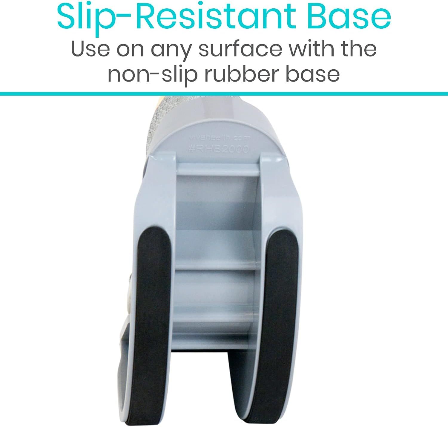 Highlights the product's slip-resistant rubber base feature to reassure shoppers that it can be safely used on any surface without sliding. Communicates the key benefit of stability and safety…