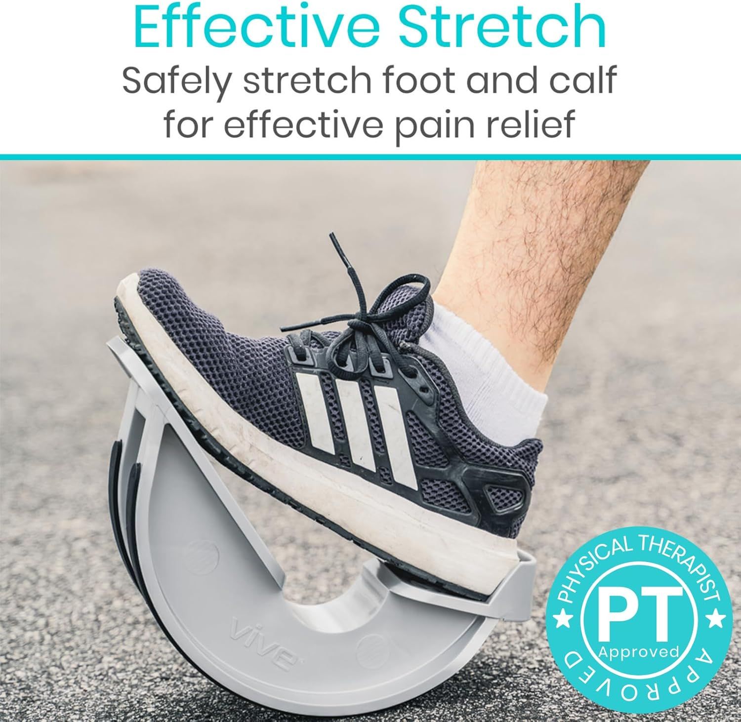 Demonstrates how the product enables safe and effective stretching of the foot and calf for pain relief, reassuring shoppers of its therapeutic benefit and Physical Therapist approval.
