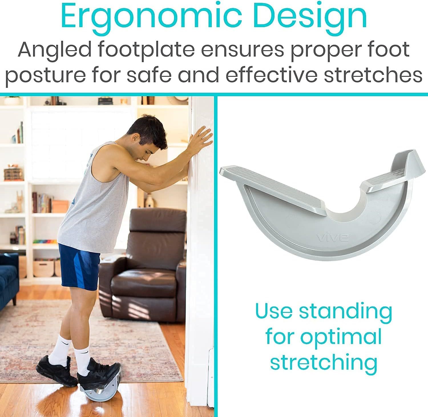 Communicates that the product's ergonomic design with an angled footplate ensures proper foot posture for safe and effective stretching, reassuring shoppers about correct usage and safety.