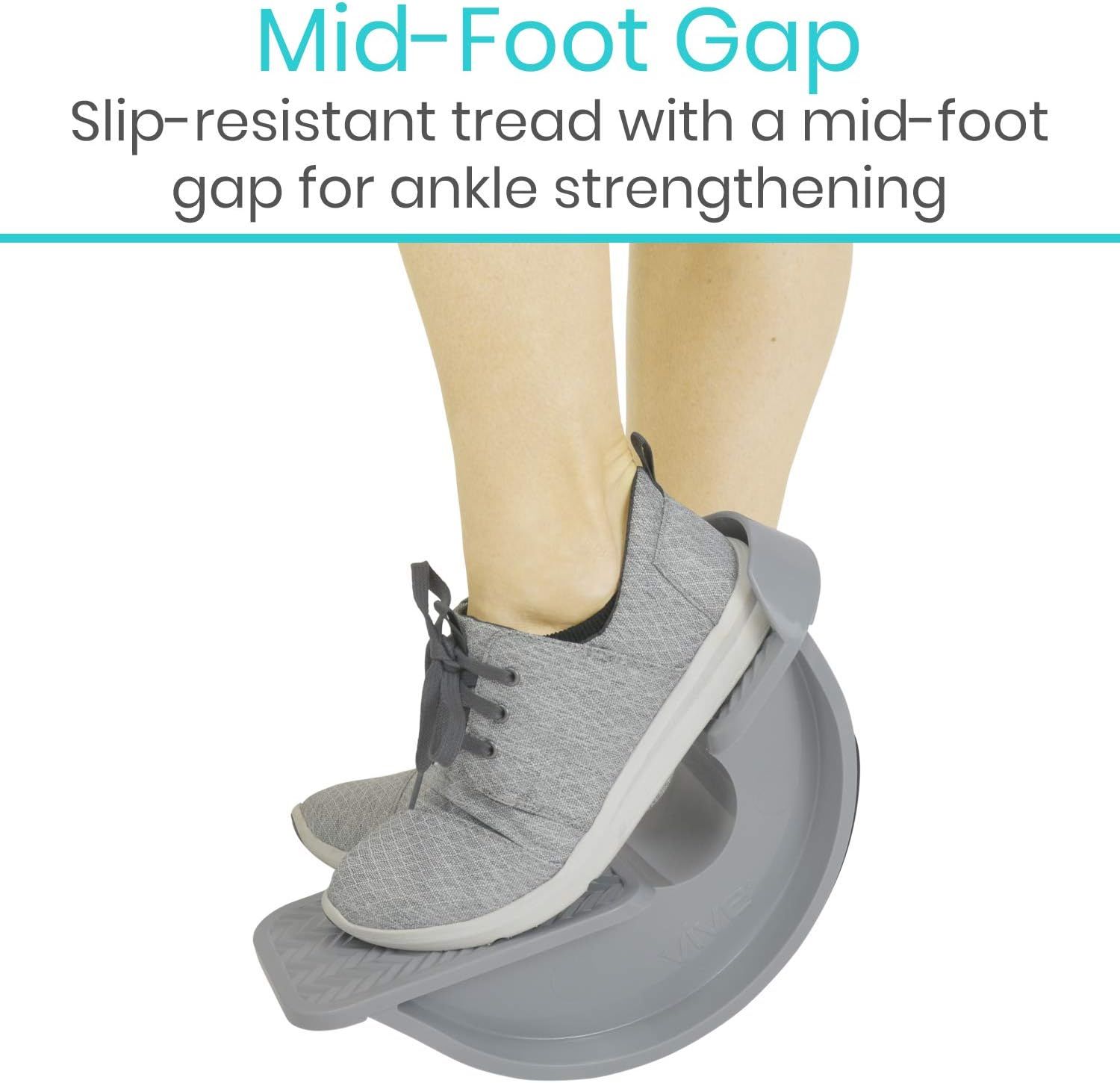 Highlights the product's mid-foot gap design feature that provides ankle strengthening benefits, along with slip-resistant tread for safety. Communicates the primary benefit of ankle strengthening…