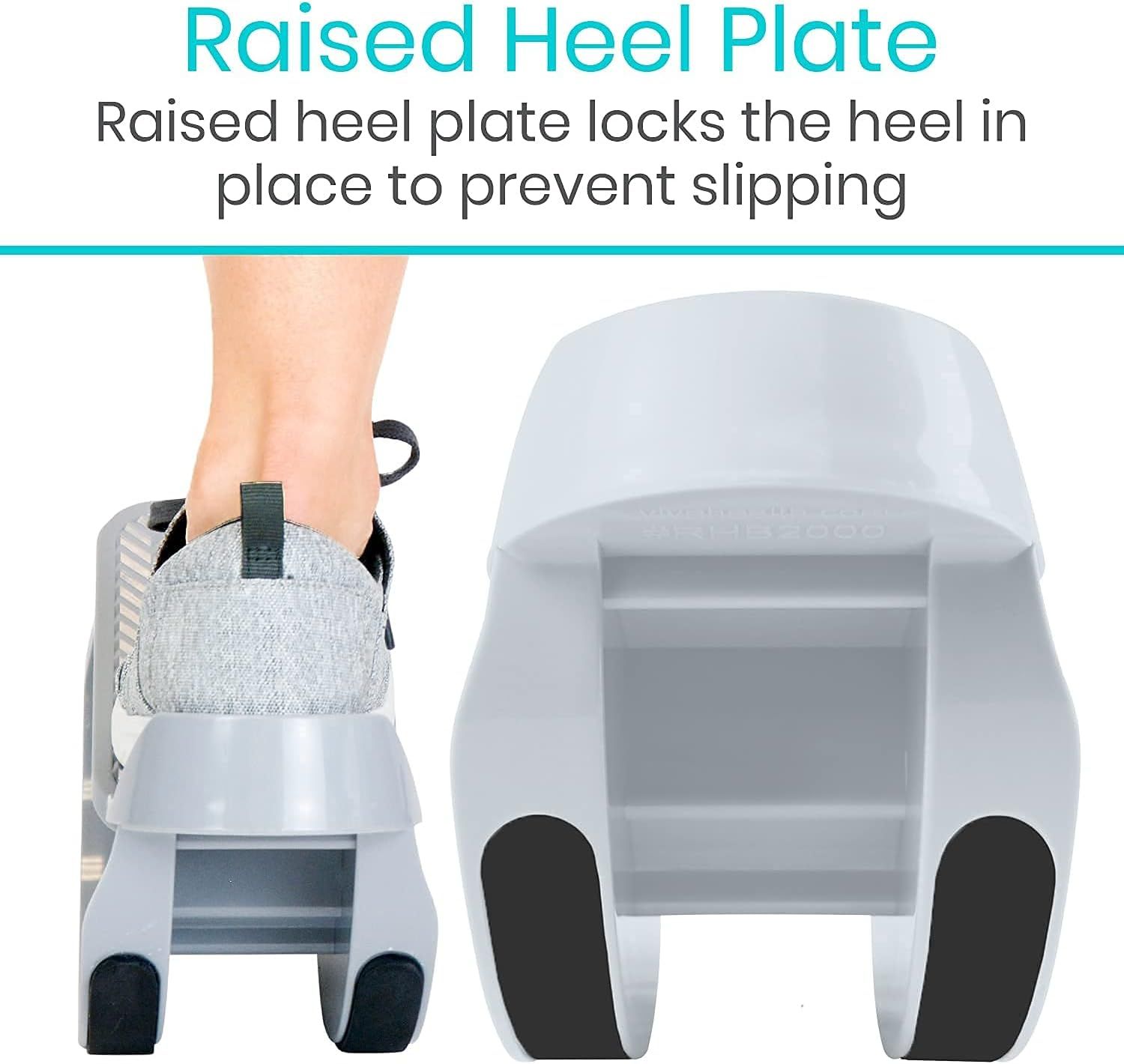 Highlights the raised heel plate feature that locks the heel in place to prevent slipping, demonstrating a key safety and stability component of the product. Communicates the primary benefit of…