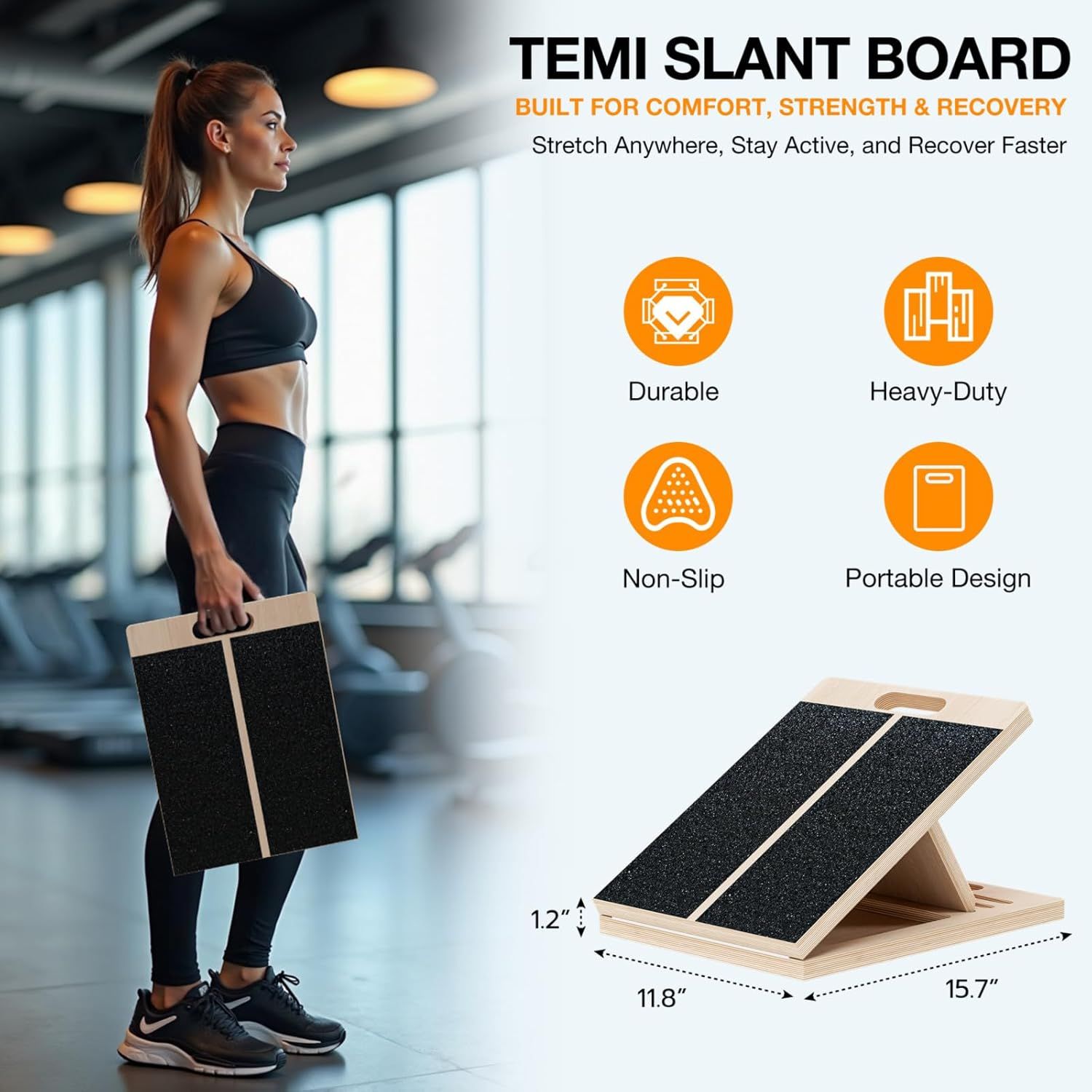Communicates multiple key benefits of the slant board in a segmented icon layout, reassuring shoppers that the product is built for durability, stability, portability, and safe use. Shows the exact…