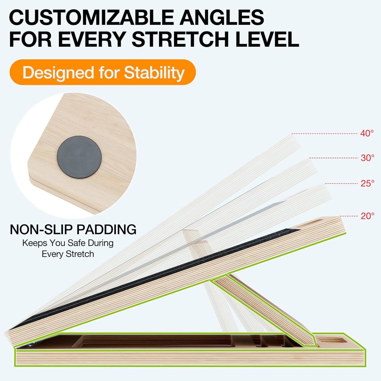 Communicates multiple key benefits of the stretching product: adjustable angle settings for different stretch levels and non-slip padding for safety and stability during use.