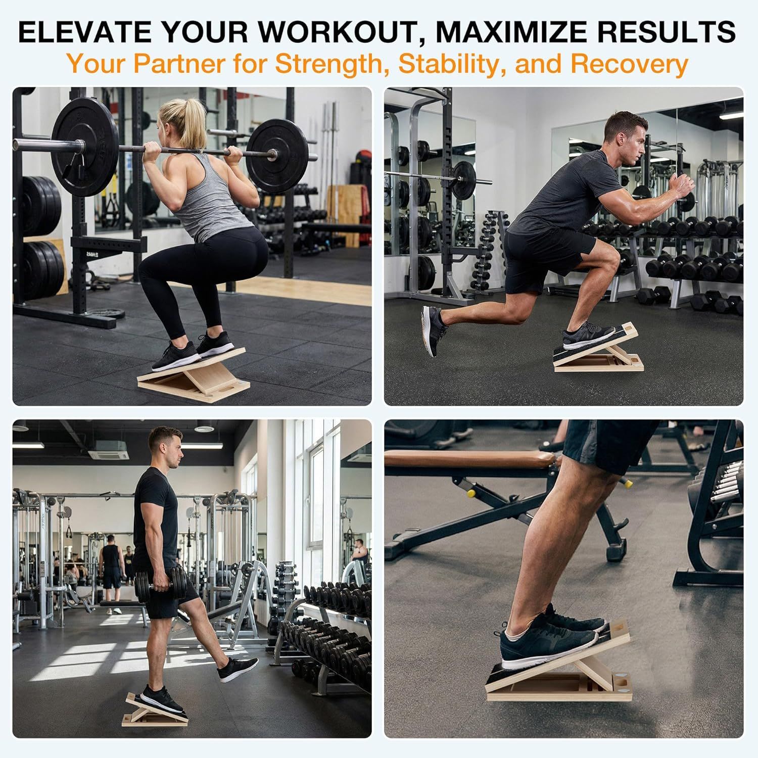 Demonstrates the product's versatility by showing it can be used for multiple different workout exercises including squats, lunges, and calf raises, reassuring shoppers of its multi-functional value.