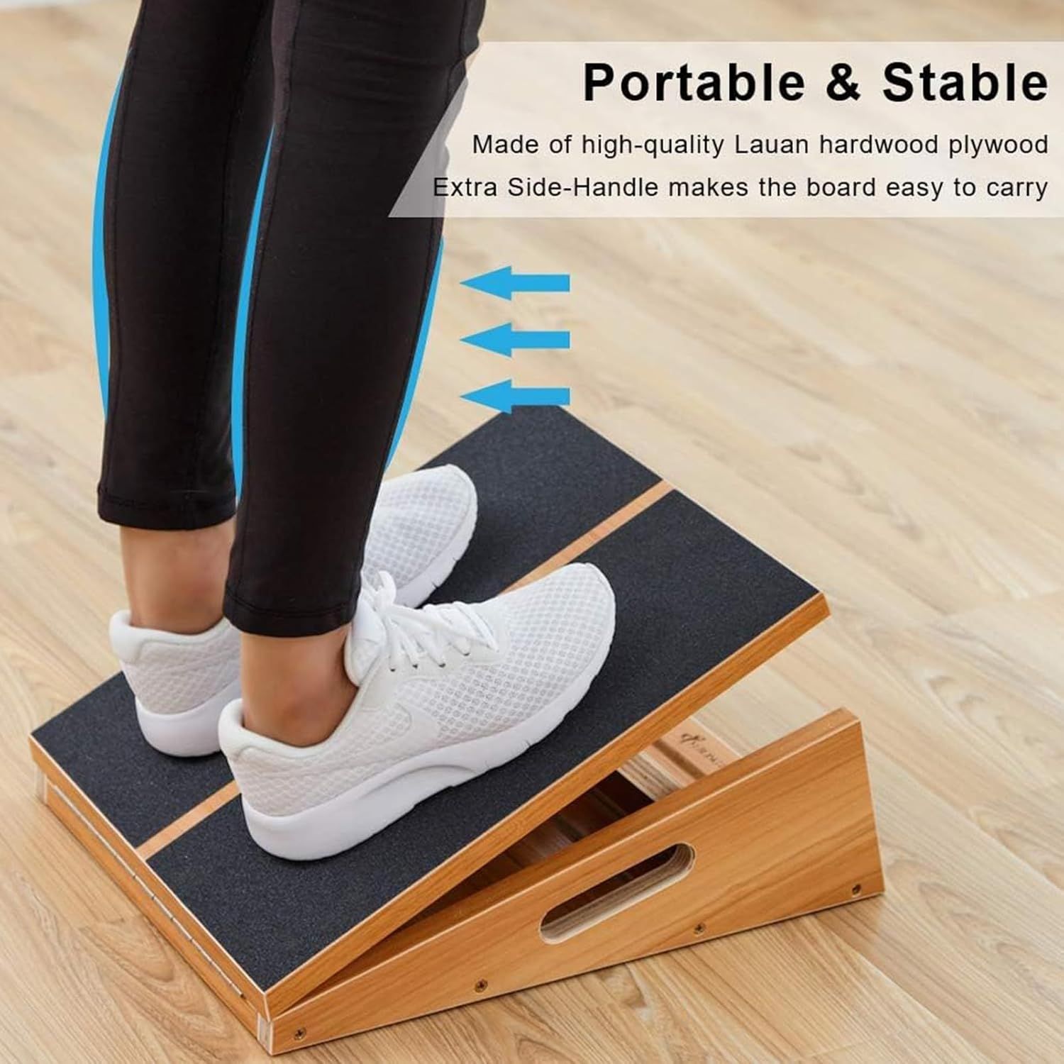 Communicates multiple benefits of the exercise step board: portability via side handle, stability through quality construction, and ease of transport, reassuring shoppers of its practical design and…