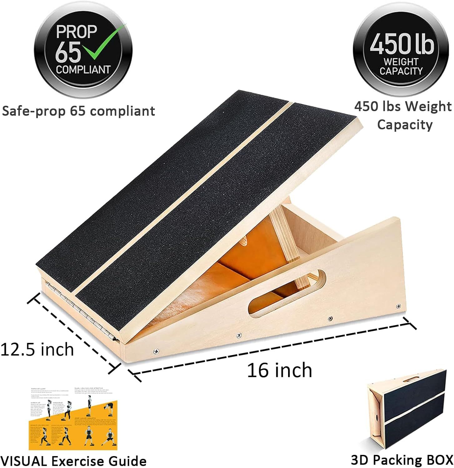 Communicates multiple key selling benefits in a segmented layout: safety compliance, high weight capacity, exact product dimensions, included exercise guide, and compact storage design to reassure…